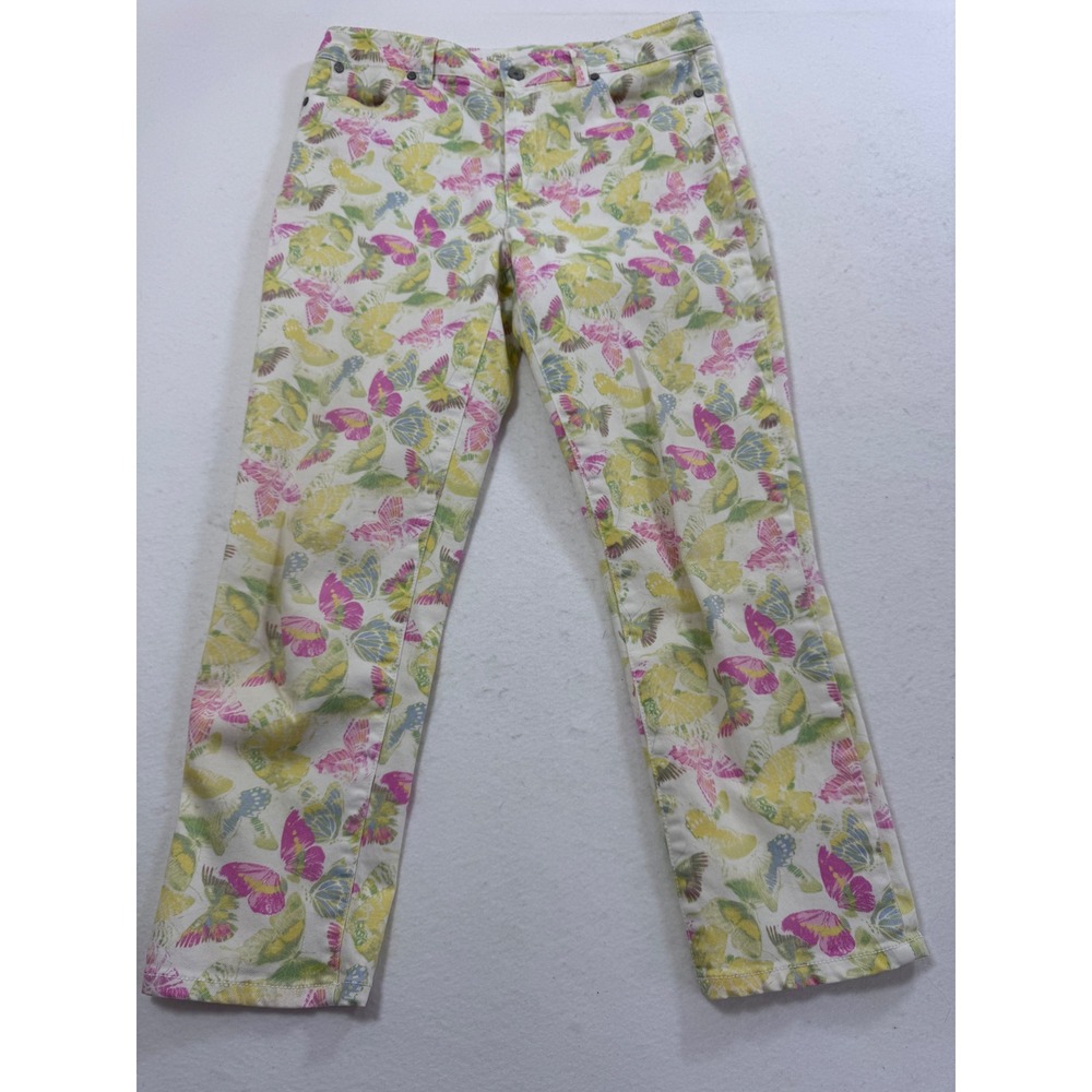 Talbots Heritage Slim Crop Jeans Womens 8 29 Butterfly Print Pink Yellow Green
